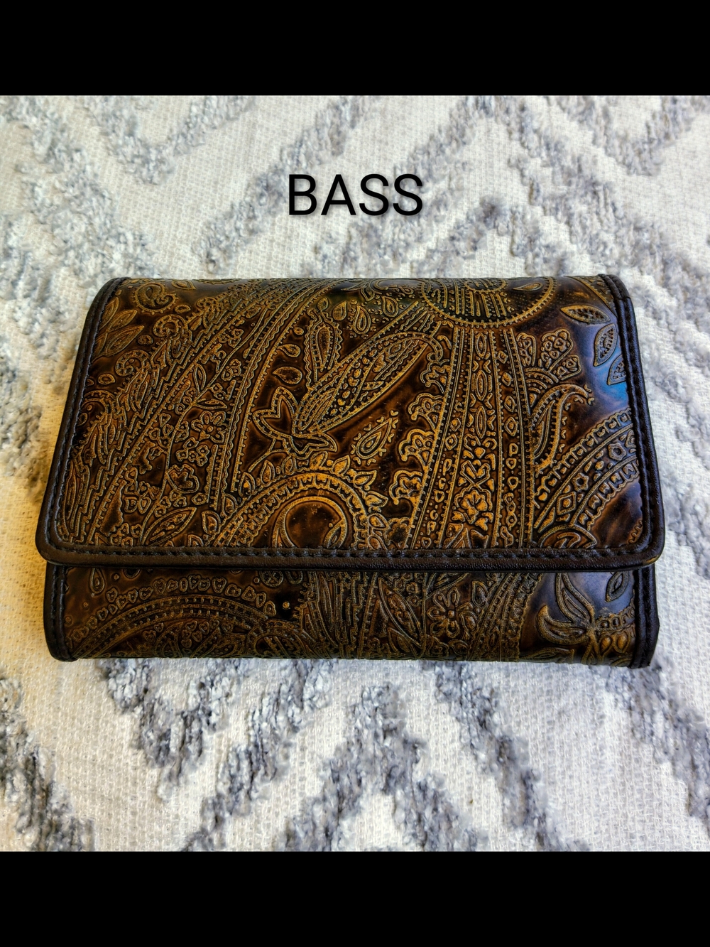Vintage! BASS Embossed Paisley Leather Wallet - Brown